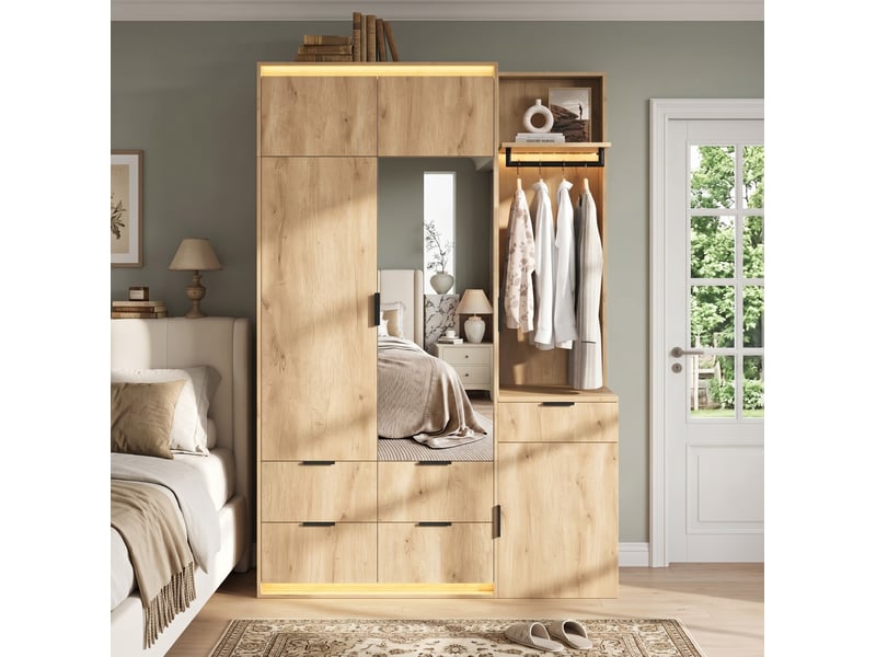  Armoire vestiaire 135x47x200 cm avec led, miroir, 2 barres de penderie et 5 tiroirs, mdf, bois, rangement de vêtements  - Conforama B