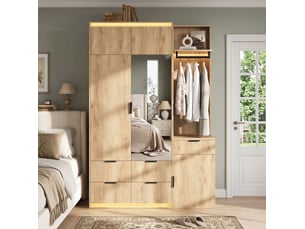 Armoire vestiaire 135x47x200 cm avec led, miroir, 2 barres de penderie et 5 tiroirs, mdf, bois, rangement de vêtements