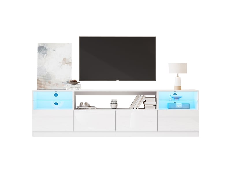  Meuble tv 180 cm blanc, led, 4 portes, 8 rangements et tablettes en verre Fay Lum - Conforama A