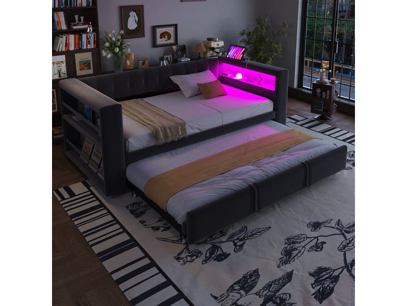  Modenvie canapé convertible 90180x190 cm - led multicolore, prise intégrée, rangement - pour salon - gris  - Conforama E