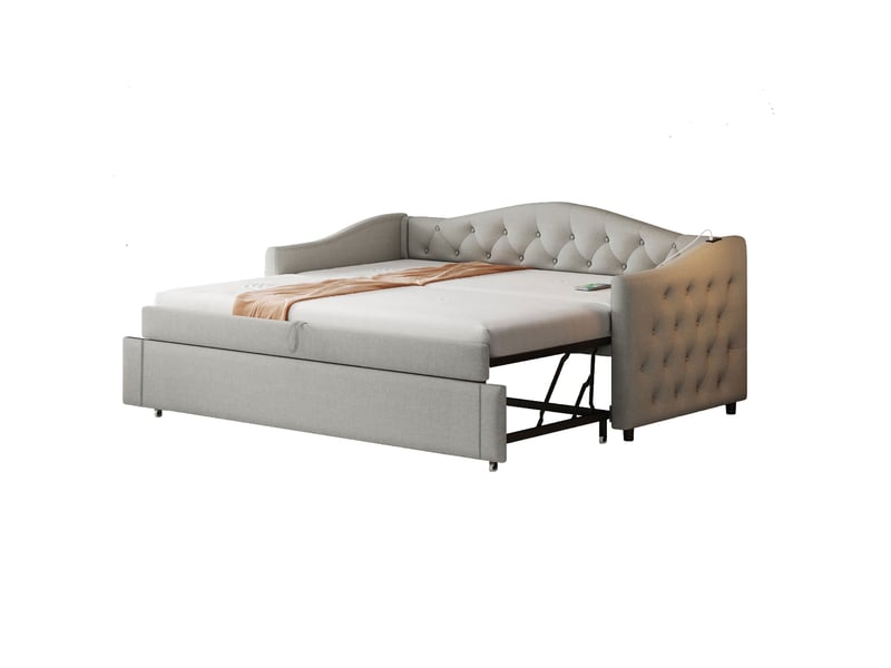  Lit enfant 90x200 cm avec lit gigogne 90x190 cm, prise usb et sommier à lattes, sans matelas, tissu en lin, gris  - Conforama A