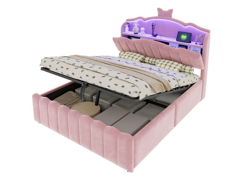  Lit coffre 2 places 140x200 cm - lit avec rangement hydraulique, tête de lit led, usb et usb-c - velours - rose  - Conforama A