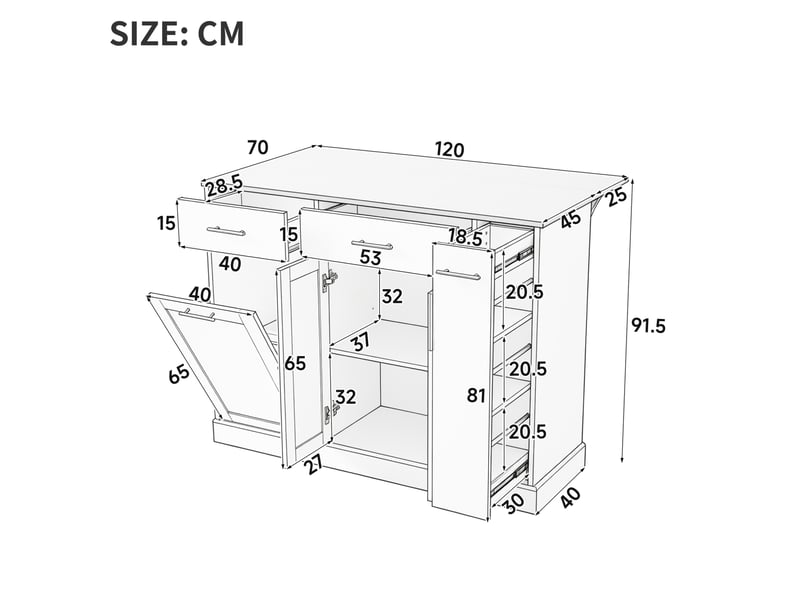  Îlot de cuisine avec plateau rabattable, 120 cm, 2 tiroirs, compartiment pour poubelle, rangement latéral coulissant, blanc et bois naturel  - Conforama C