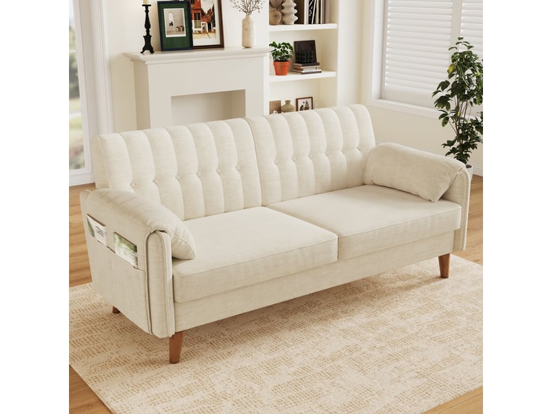  Canapé 2 places 161,5x79x83,5 cm en chenille, dossier capitonné, 2 coussins d’accoudoir, poches latérales, pieds en bois massif - beige  - Conforama B