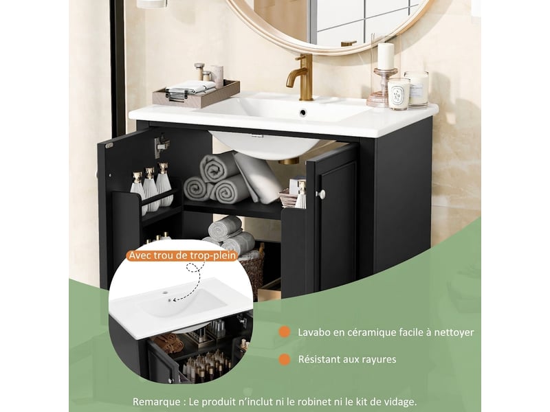  Meuble salle de bain noir 76 cm avec meuble vasque céramique et pieds bois massif  - Conforama D