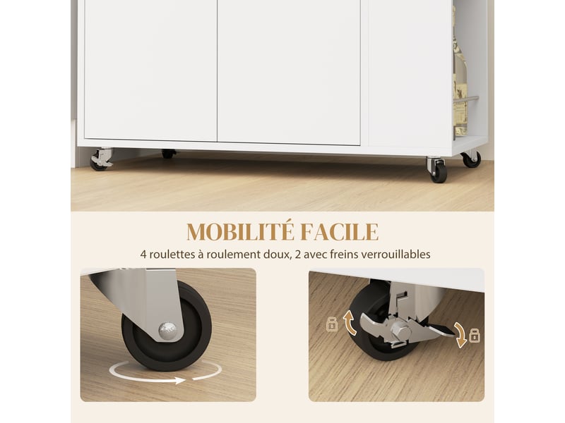  Desserte de cuisine à roulettes, 75x40x80,5cm, îlot central cuisine avec plan de travail et étagère réglable, blanc  - Conforama W