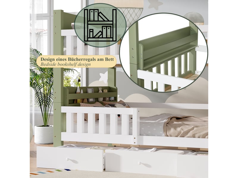  Lit superposé enfant 2 places 90×200 cm, 3 tiroirs, barrière et étagère - okmyhome- sans matelas, bois blanc et vert  - Conforama E
