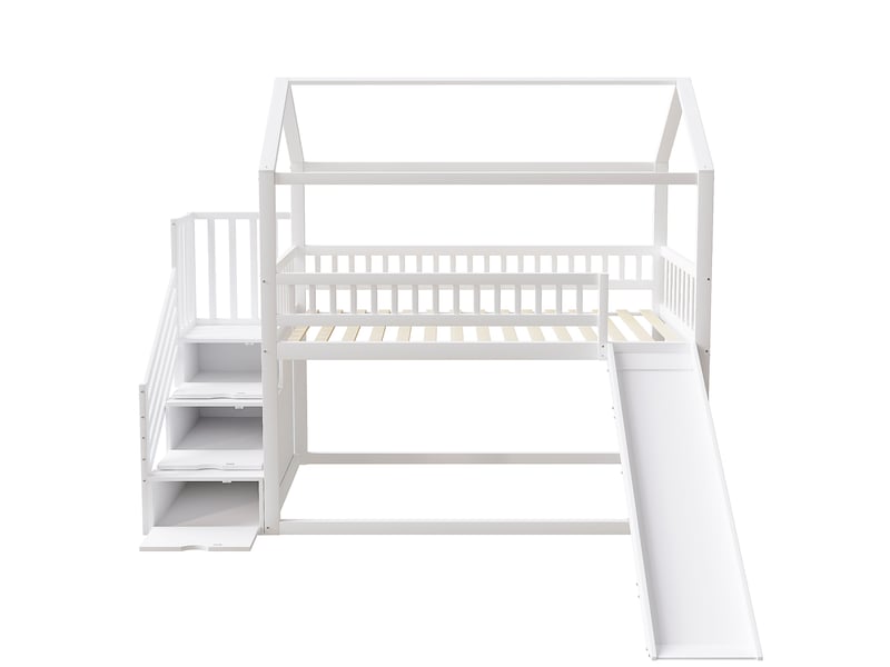 Lit mezzanine enfant avec toboggan et escalier de rangement, lit superposé 90x200 cm blanc en bois massif avec barrières de sécurité. - Conforama A