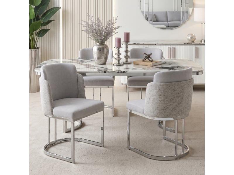  2 chaises de salle à manger modernes et confortables, pieds galvanisés argent, tissu chenille gris clair et argent  - Conforama B