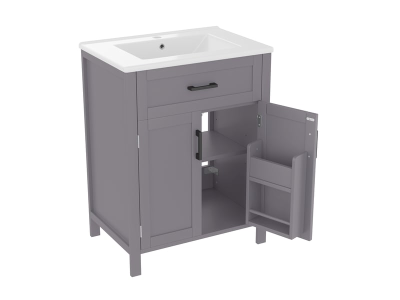Meuble vasque salle de bain gris 60 cm avec lavabo céramique intégré, tiroir et étagères réglables - Conforama E