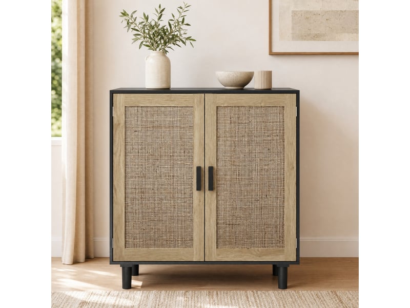 Meuble de rangement à 2 portes 80x40x88 cm, portes magnétiques en mdf et rotin noir - Conforama D