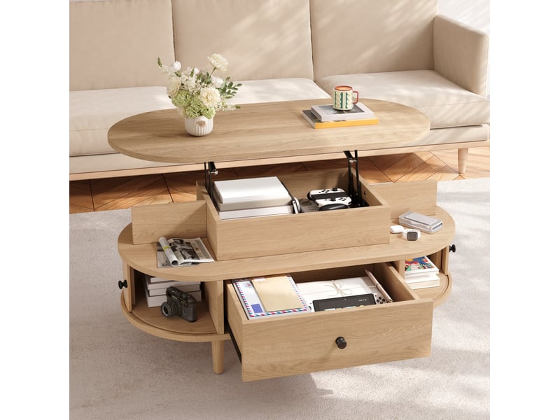 Table basse relevable ovale 105x50 cm – naturel – rangement central, tiroir et portes coulissantes latérales - Conforama B