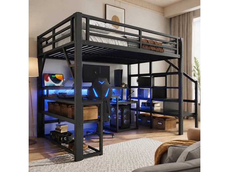  Lit mezzanine 140x200 cm avec bureau, rangements, led et usb noir  - Conforama B