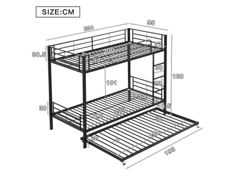  Lit superpose avec rangement lit en fer noir pour enfants et adolescents avec lit extractible, 4 barrières latérales sur le lit supérieu 31943132AAA - Conforama C