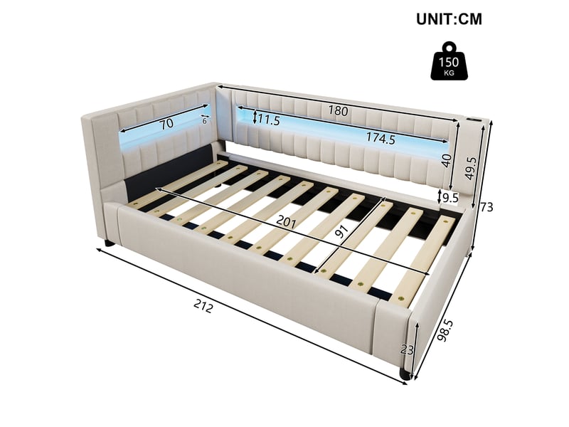  Lit de jour 90x200 banquette lit en lin beige avec rangement hydraulique et led  - Conforama C