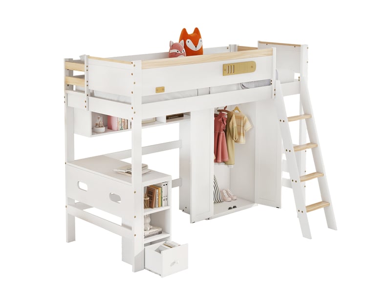  Modenvie lit mezzanine enfant 90x200 cm - avec bureau, armoire et rangements ouverts, sans matelas - blanc et naturel  - Conforama A
