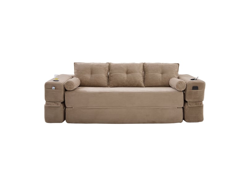 Canapé convertible 3 places avec poches, porte-gobelets et coussins mémoire en velours côtelé kaki - Conforama A