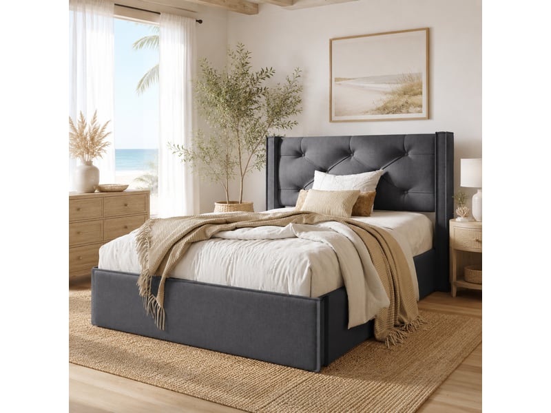 Lit coffre 1 place 90x200 cm à sommier relevable en coton gris - Conforama C