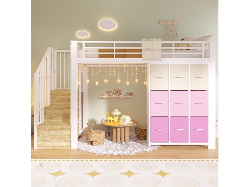  Lit mezzanine enfant 90x200 cm blanc avec rangements et tringle à vêtements  - Conforama B