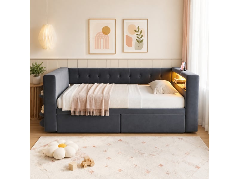  Lit banquette 90x190 cm avec led, prise et rangements, gris foncé  - Conforama C