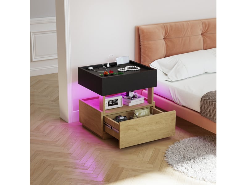  Table de chevet intelligente – charge sans fil, led et usb – 2 tiroirs, noir et naturel, 50 x 40 x 50 cm  - Conforama B