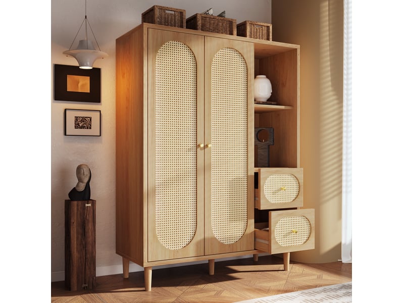  Armoire 120x48x161 cm coloris chêne avec 2 portes, 2 tiroirs et penderie  - Conforama B