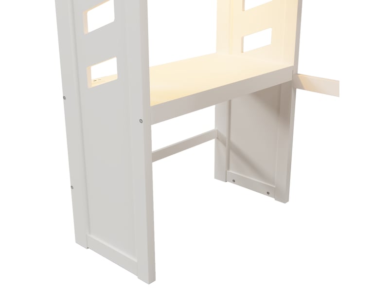  Lit mezzanine 90x200 cm avec bureau, led, échelle, tiroir, port usb-c, étendoir, bois et mdf blanc, sans matelas  - Conforama E