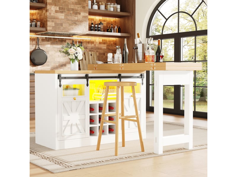 Îlot de cuisine extensible 120-197 x 40 x 72 cm, portes coulissantes vitrées et éclairage led rgb, blanc, en mdf robuste  - Conforama D