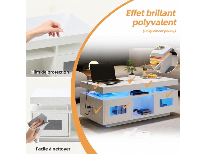  Table basse avec lumières led, rangements, app contrôle, blanc brillant, 100x50x43 cm  - Conforama D