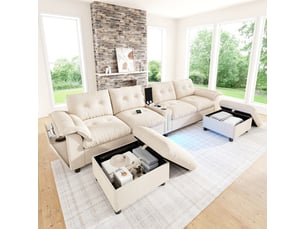 Canapé d'angle panoramique fixe <strong></strong> <strong>OMNIGLINT TRADING LTD</strong> 6 places Tissu beige avec coffre de rangement