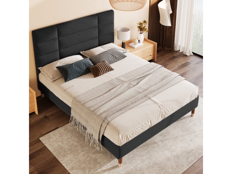  Lit rembourré lit double 140x200cm avec sommier à lattes, en lin noir, cadre de lit rembourré avec tête de lit  - Conforama A