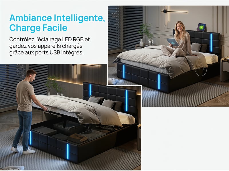  Lit coffre en simili cuir - 160x200cm - avec led et rangement hydraulique - noir  - Conforama E