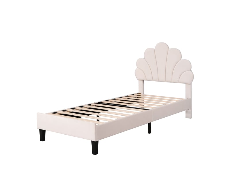  Lit enfant 90x200 cm en velours beige, tête de lit fleur, sommier à lattes, lit d’appoint  - Conforama D
