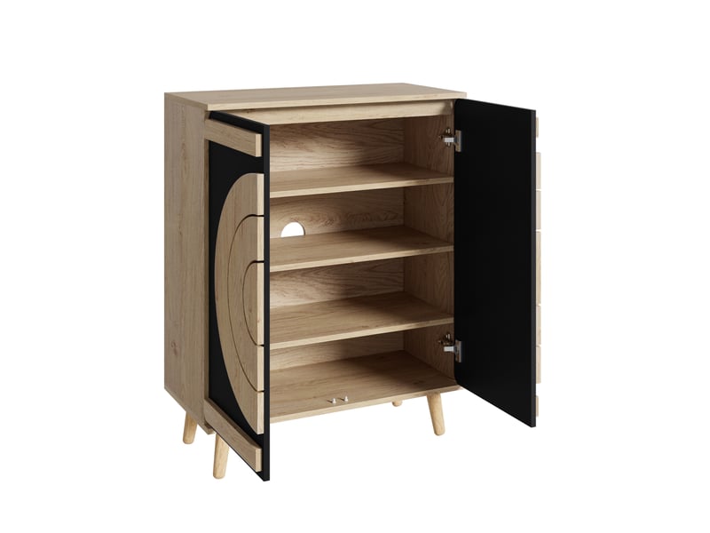  Meuble à chaussures 76x37x98,5 cm, portes géométriques rondes, rangement à plusieurs niveaux, mdf noir et naturel  - Conforama A