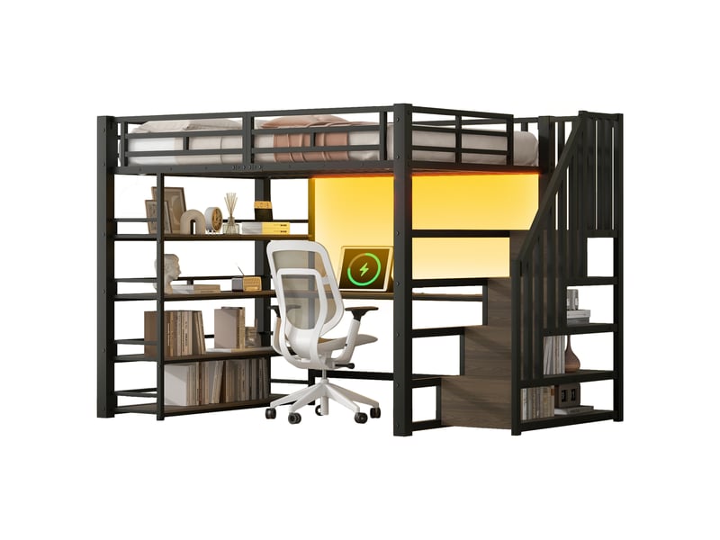  Lit mezzanine 140 x 200 cm, métal, escalier, bureau, rangements, usb, led, noir  - Conforama A
