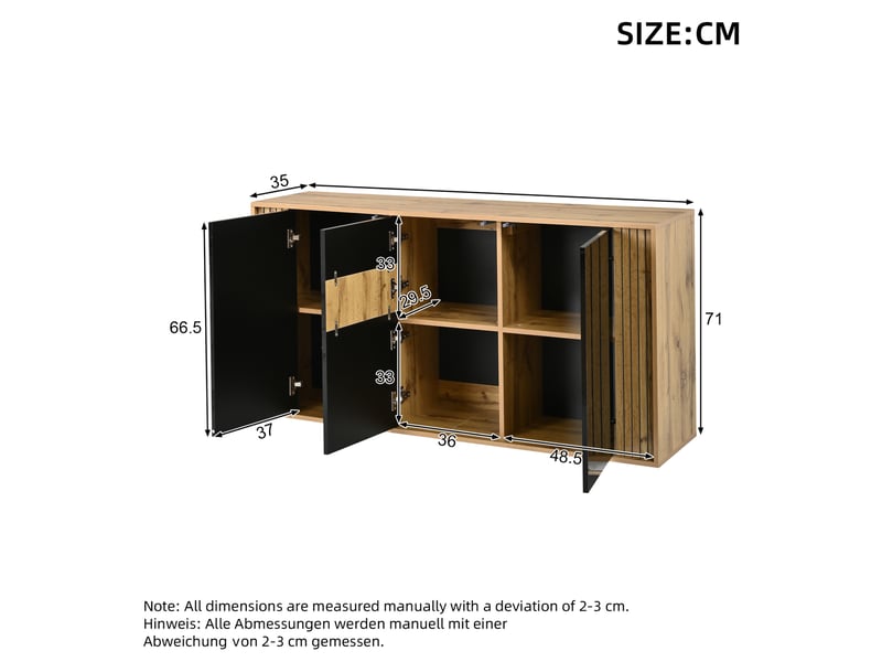 Buffet bas 140x35x71 cm, 3 portes push-to-open, effet brillant noir et bois, mdf, design moderne, rangement pour salon - Conforama C