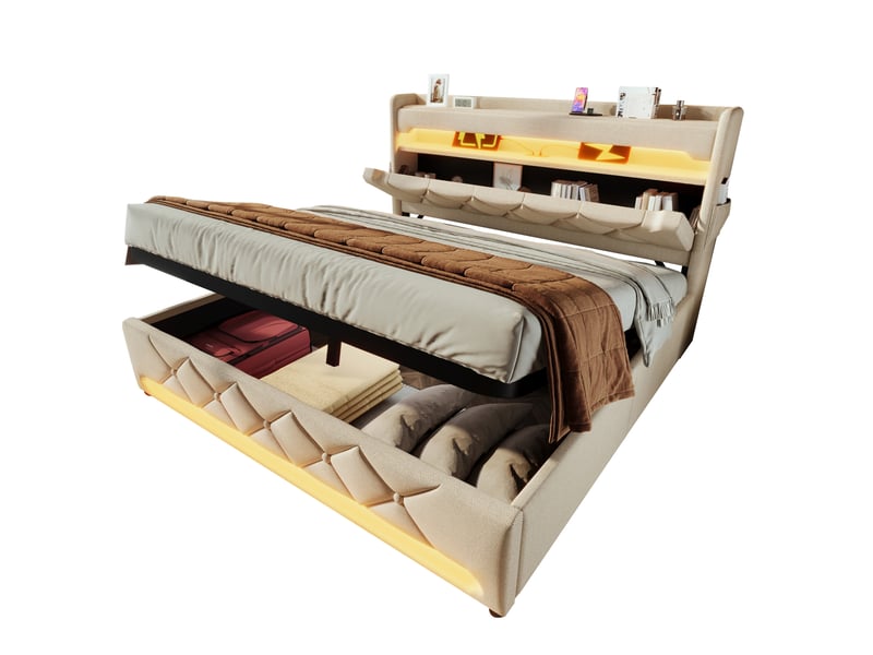  Lit coffre 160 × 200 cm 2 places avec led, usb, type-c, rangements, matelas inclus, beige en lin  - Conforama A