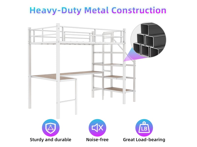  Lit mezzanine 90 × 190 cm 1 place avec bureau d’angle, étagères et escalier de rangement, matelas non fourni  - Conforama E