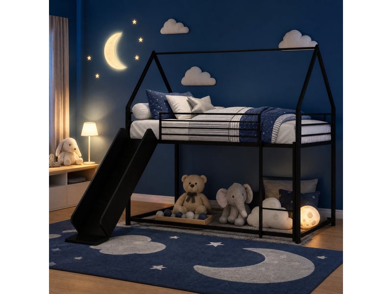 Lit enfant 90x190 cm en forme de maison avec toboggan et escalier, en fer noir - Conforama C