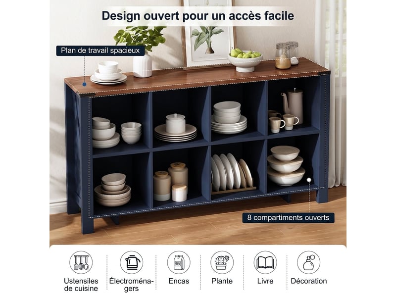  Buffet de cuisine 140 cm à 8 casiers en mdf bleu, meuble de rangement horizontal  - Conforama D