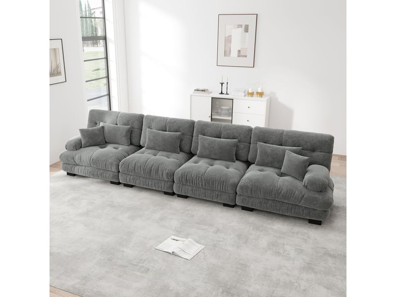  Canapé d'angle modulaire 4 places avec assise profonde et coussins confortables en chenille gris  - Conforama D