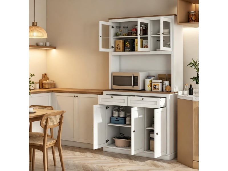  Buffet de cuisine haut avec 6 portes, 2 tiroirs et étagères réglables, passe-câble, blanc et chêne pour cuisine  - Conforama B