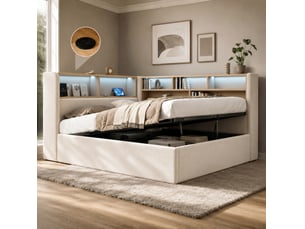 Lit avec rangement 140x190 cm <strong></strong>  <strong></strong> coloris beige
