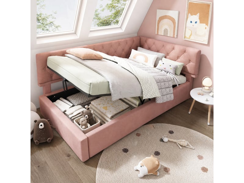  Lit banquette 1 place en velours rose avec coffre hydraulique et dossier réversible, 90x190 cm, sans matelas  - Conforama C