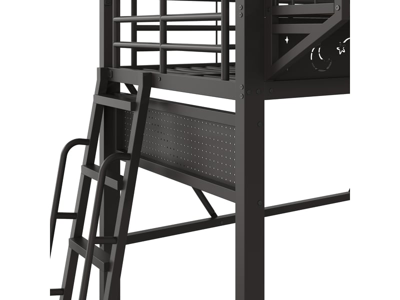  Lit mezzanine 90x200 cm noir, cadre en métal, espaces de rangement, espace inférieur ouvert, sans matelas  - Conforama E