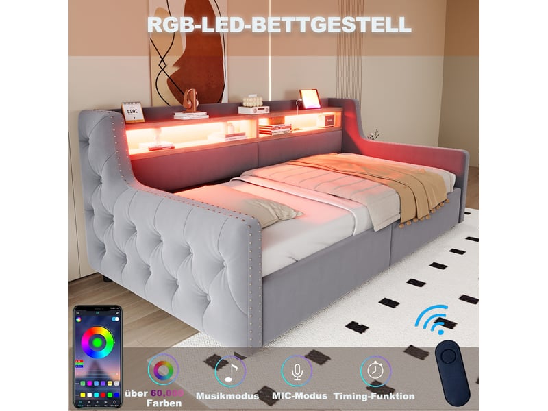  Canapé-lit 90x200 gris clair, rangement hydraulique, led, prise, usb, dossier épais  - Conforama B