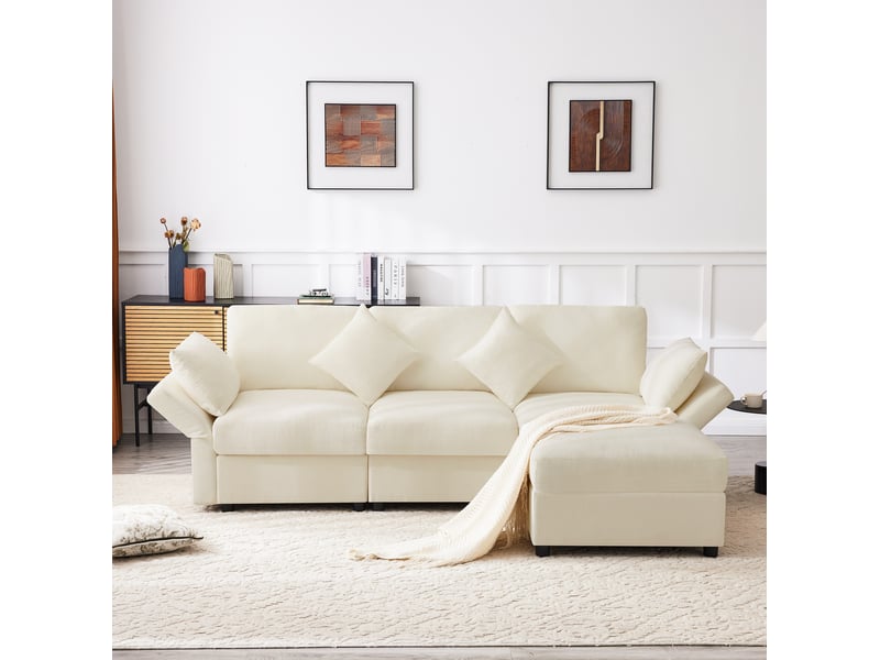 Canapé d'angle en l avec repose-pieds convertible en 3 places, avec 4 coussins et accoudoirs réglables, en tissu chenille confortable, adapté au salon, bureau et appartement, beige. Avec vidéo. - Conforama B