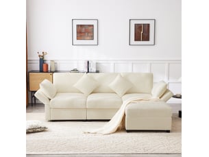 Canapé d'angle en l avec repose-pieds convertible en 3 places, avec 4 coussins et accoudoirs réglables, en tissu chenille confortable, adapté au salon, bureau et appartement, beige. Avec vidéo.