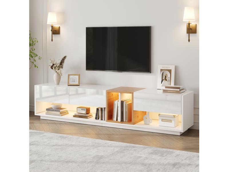  Meuble tv blanc en panneaux de particules, 190 x 38 x 42 cm, éclairage led  - Conforama D