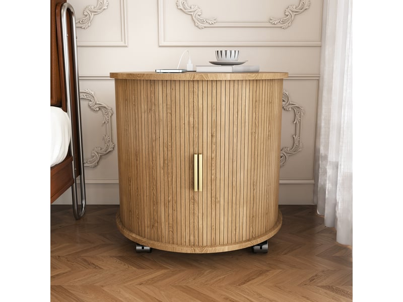  Table de chevet cylindrique - station de charge intégrée (prise + 2 usb) - porte coulissante silencieuse 60x60x60cm - Conforama B